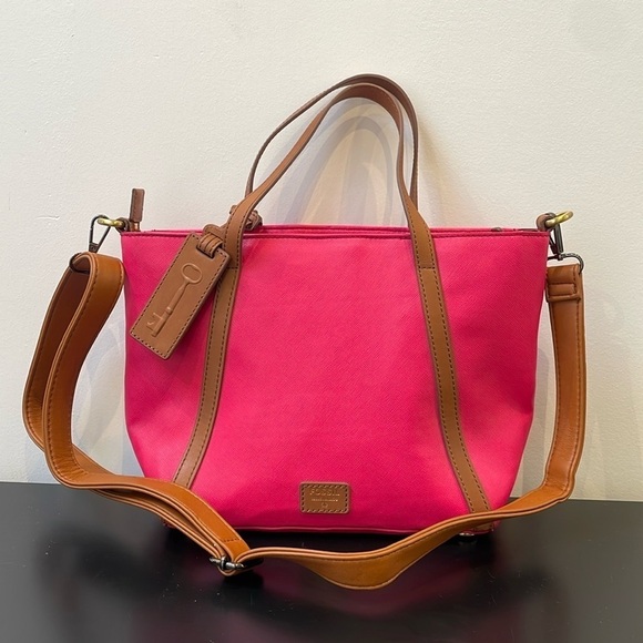 NWOT Fossil Ava Satchel pink with brown leather trim removable shoulder strap - Picture 2 of 13